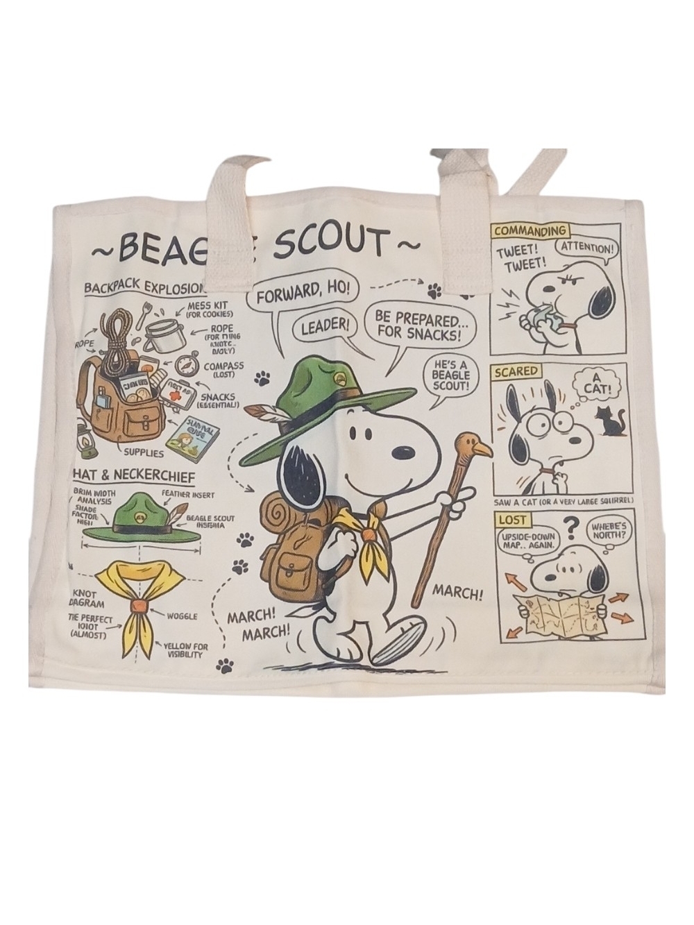 Peanuts -ECO Friendly,NWT, Snoopy Beagle Scout Large Tote Bag, Inside Pocket, - Picture 3 of 13
